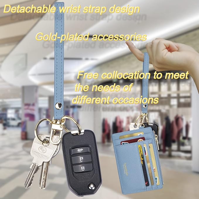 Wikavanli Women Slim Rfid Blocking Credit Card Case Holder Wristlet Zip ID Case Wallet Small Compact Leather Wallet Coin Purse with Keychain (Blue)