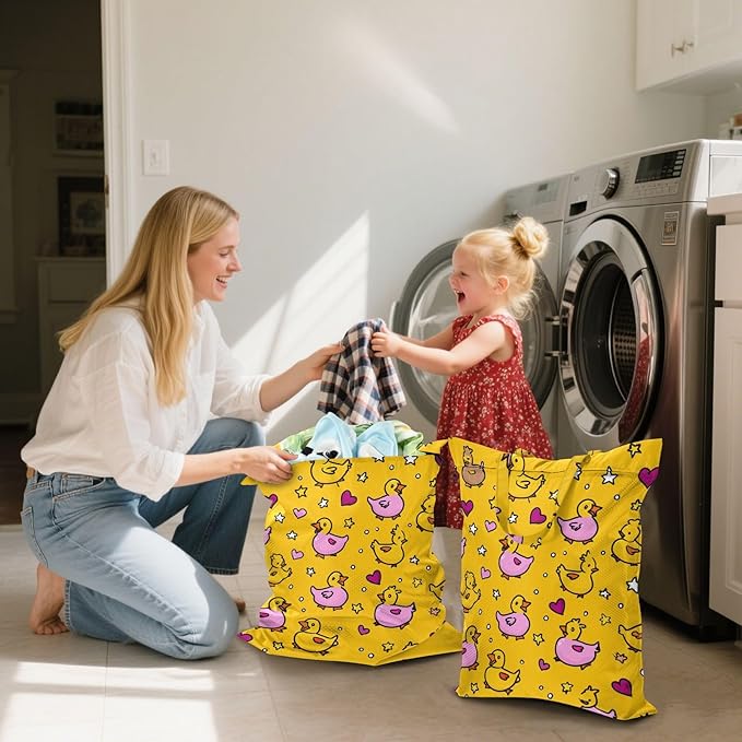 Travel Laundry Bags 2 PC Wet Dry Bag with Handle Dirty Clothes Organizer for Swimsuits Beach Camping Waterproof Washable Yellow Cute Ducks Hearts Stars