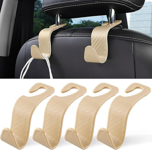 LivTee Car Purse Hook, Headrest Hook for Car, 4 Pack Universal Auto Car Seat Headrest Hook Hangers Organizer for Purse Coat Umbrellas Grocery Bags Handbag, Car Accessories - Carbon Fiber Beige