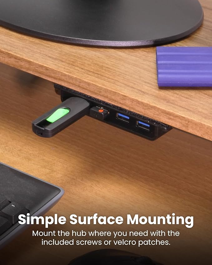 USBGear 4-Port USB 3.2 Gen 2 Data Transfer Hub - 10Gbps Ultra-Compact USB-C Hub with 3.3 ft Integrated Extension Cable and Built-in Mounting [No Charging] for Mac, PC, Mobile HDD, Flash Drives