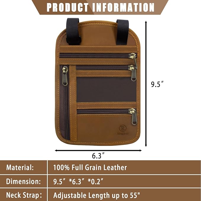 RiRingsun Genuine Leather Passport Holder For Travel, RFID Blocking Slim Neck Wallet with Adjustable Strap for Women Men, Travel Essentials to Keep Cash, Credit Cards and Documents Safe, Light Brown