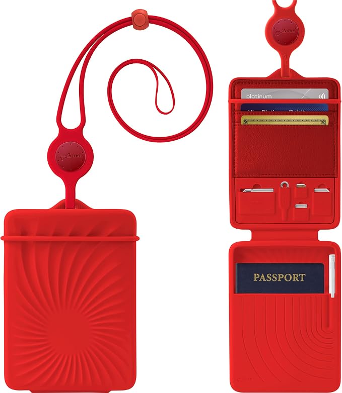 BONE Lanyard Passport Holder, Passport Cover with Travel Gadget Set & Card Slots, Duel-Sided Passport Wallet with Leather & Premium Silicone (Red - Lanyard)