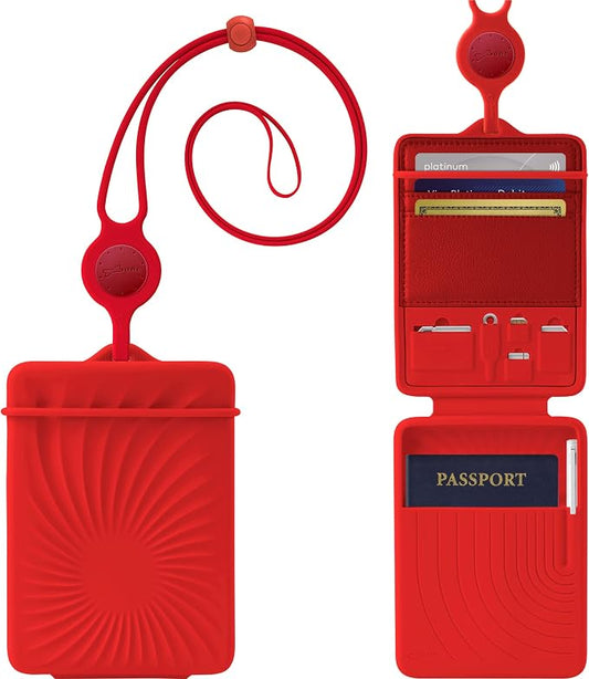 BONE Lanyard Passport Holder, Passport Cover with Travel Gadget Set & Card Slots, Duel-Sided Passport Wallet with Leather & Premium Silicone (Red - Lanyard)