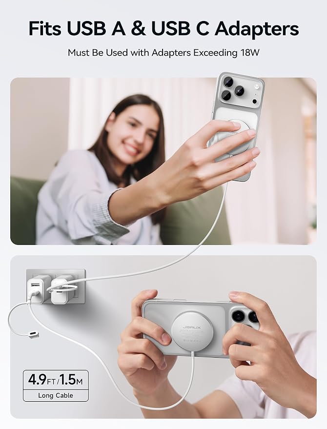JSAUX Charger for iPhone 17 Magsafe Wireless Charging, Compatible with iPhone 17 Air Pro Max/16/15/14/13/12 Series, Magnetic Mag Safe Charging Pad, Aluminum Alloy, USB & USB C Dual Ports - Silver