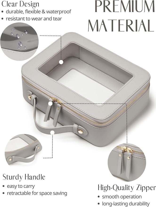 Popvibe Clear Makeup Bag Toiletry Case Travel Transparent Cosmetic Bag with Zipper, Portable Make Up Organizer Traveling Compact Car Bag for Essentials, Beige Grey