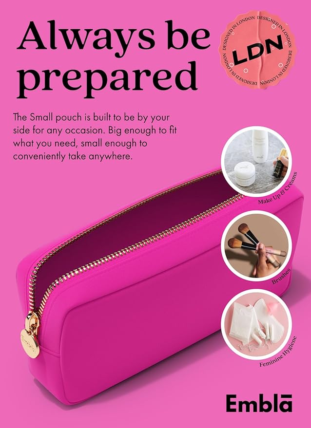 Embla Makeup Bag Travel Cosmetics Pouch and Toiletry Bag, Nylon Zipper Pouch Purse, Cute Make Up Organizer Storage Tote for Women Girls, Waterproof Travel Skincare Case, Small Makeup Bags, Fuchsia
