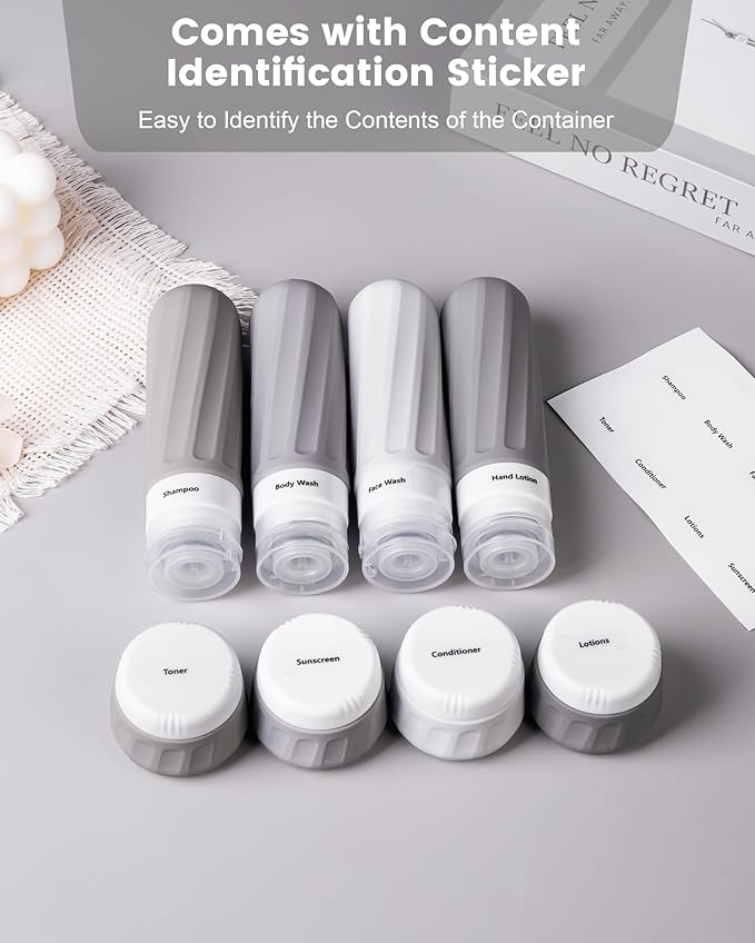 Mrsdry Travel Bottles for Toiletries 8 Pack, TSA Approved Travel Size Containers 3oz, Leak Proof Silicone Squeezable Creams Jars with Clear Travel Bag
