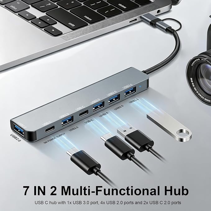 USB C Hub, USB Hub 3.0, Upgrade 7 in 2 USB Splitter with 1xUSB 3.0, 4xUSB2.0, 2xUSB C, USB C & USB Hub Multiport Adapter, USBC USB Dongle for PC/Laptop/Tablet/Mac/MacBook/iPad and More Devices