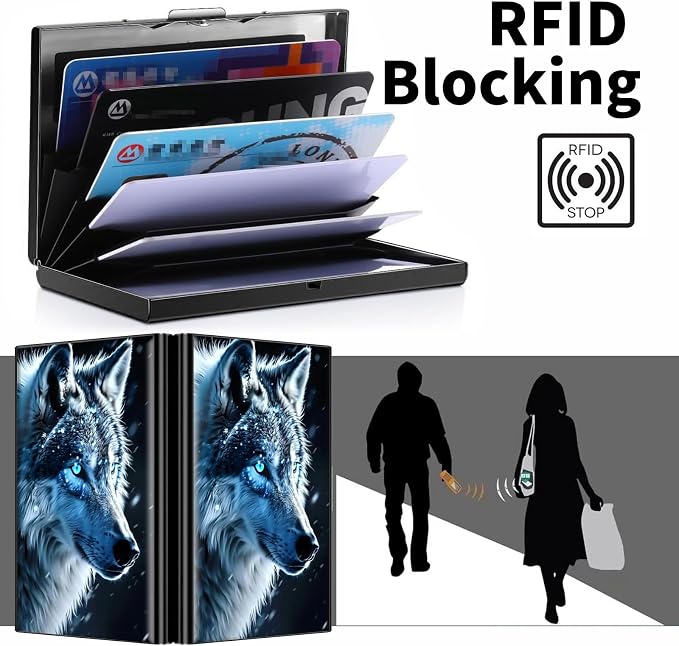 Metal Wallet, Credit Card Holder for Women Men Girls, RFID Blocking Aluminum Wallet Slim Hard Case, Mini Travel Wallet, ID Card Holder Business Card Case,Wolf