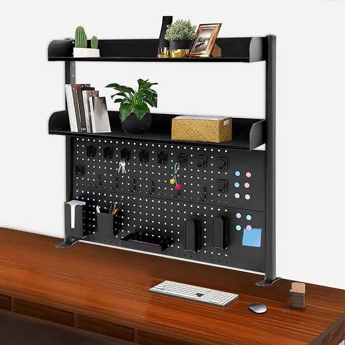 Desktop Bookshelf Clip-on Desk Shelf with Spacious Pegboard, Multipurpose Clamp On Desk Organizer Desktop Organizer Desk Pegboard for Office Home Gaming (Black)
