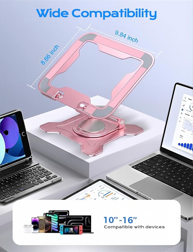 Adjustable Laptop Stand for Desk, 360° Rotating Base Ergonomic Computer Stand, Laptop Riser Foldable Protable for Office Home Fits Compatible with MacBook Pro/Air Notebook up to 10-16" Pink
