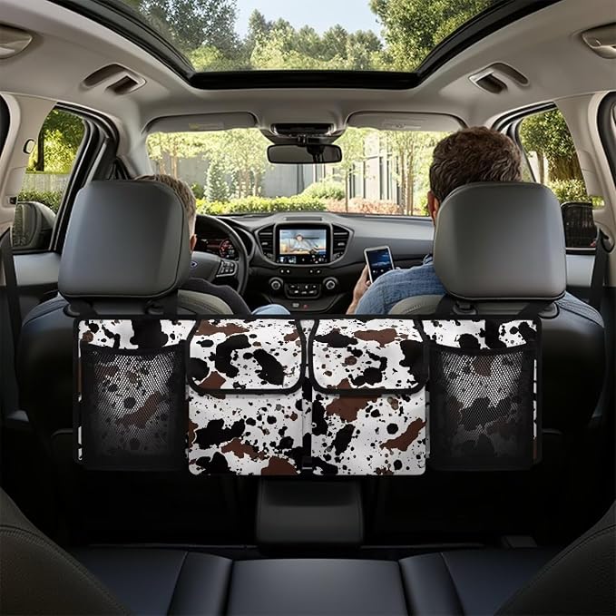 Cow Print Car Organizers and Storage Trunk Backseat Hanging Cargo Storage Bag with 2 Large Net Pockets 2 Magnetic Cover Foldable Capacity Car SUV Organizer