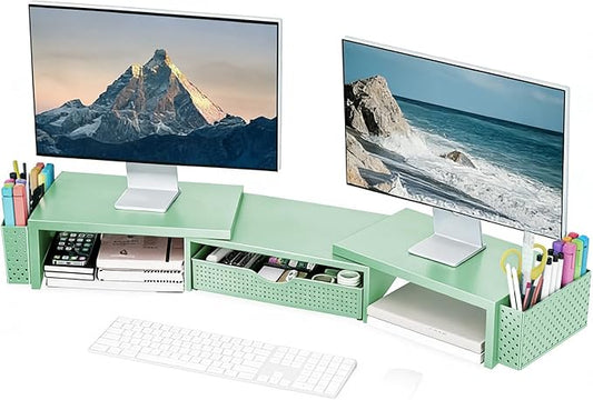 Spacrea Metal Desk Organizers and Accessories, Dual Monitor Stand Riser with Drawer and 2 Pen Holders, Book Racks, Desk Accessories & Workspace Desktop Organizers for Office Supplies (Sage Green)
