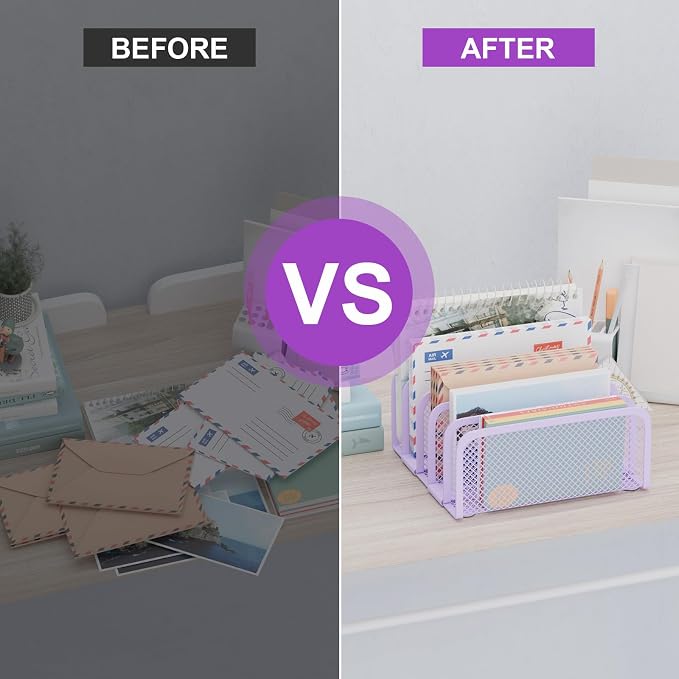 Mail Organizer Countertop, Metal File Holder with 5-Slot, Small Desk File Organizer for Letter, Bill, Mail Sorter, Desktop Letter Folder Holders for Office, Home, School (Purple)