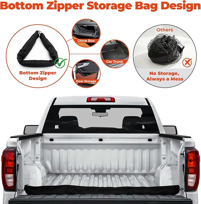 3-Layer Cargo Net for Toyota Tundra 2007-2021, Zoned Storage Truck Bed Net with Foldable Zippered Bottom Bag, Heavy-Duty Cargo Organizer Netting for Camping, Trips & Everyday Use