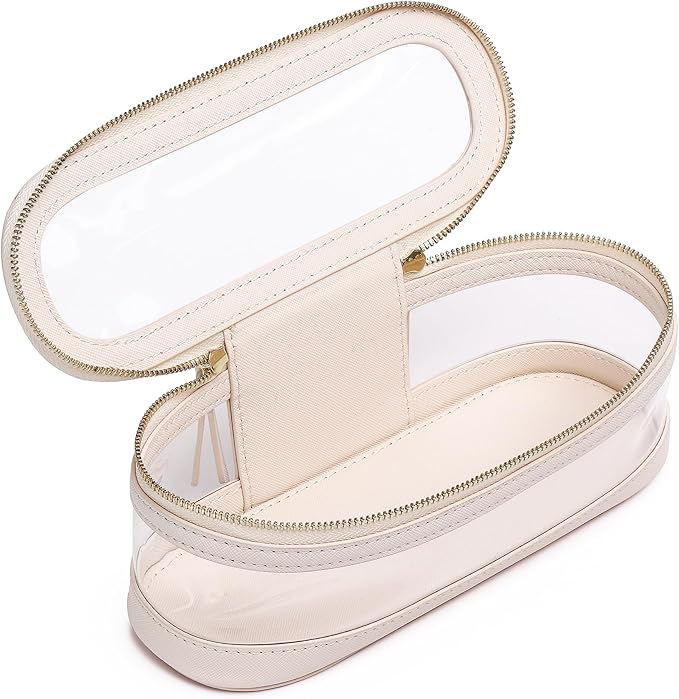Pinkmik Makeup Brush Case Clear Travel Cosmetic & Toiletry Bag Slim Makeup Bag with Zipper Small Purse Organizer Car Essential Bag for Women (Beige, SLIM L)