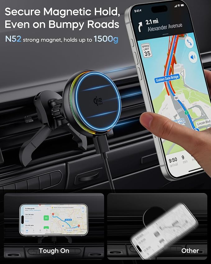 Qi2.2 25W for MagSafe Car Mount Charger, Wireless Car Charger with Cooling Fan, 45W Adapter, Air Vent Magnetic Car Phone Holder, Fast Charging for iPhone 17/16/15 Series & Samsung Galaxy