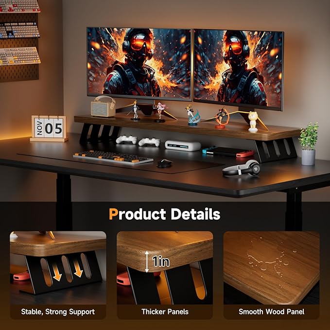 Dual Monitor Stand, 39 Inch Large Wood Monitor Stands for 2 Monitors