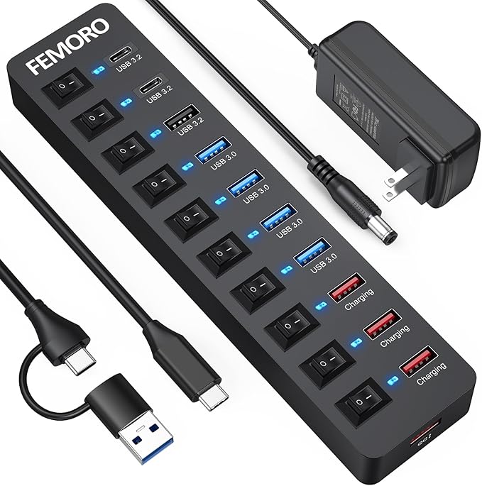 Powered USB C Hub 3.2 11-Port 48W, USB-C 3.2 (10Gbps)*2 + USB-A 3.2 (10Gbps)*1 + USB-A 3.0 (5Gbps)*4 + Power-only Port*4 with 12V/4A Power Adapter High Speed for Laptop PC Phone SSD HDD Flash Drive