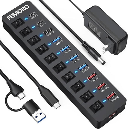 Powered USB C Hub 3.2 11-Port 48W, USB-C 3.2 (10Gbps)*2 + USB-A 3.2 (10Gbps)*1 + USB-A 3.0 (5Gbps)*4 + Power-only Port*4 with 12V/4A Power Adapter High Speed for Laptop PC Phone SSD HDD Flash Drive