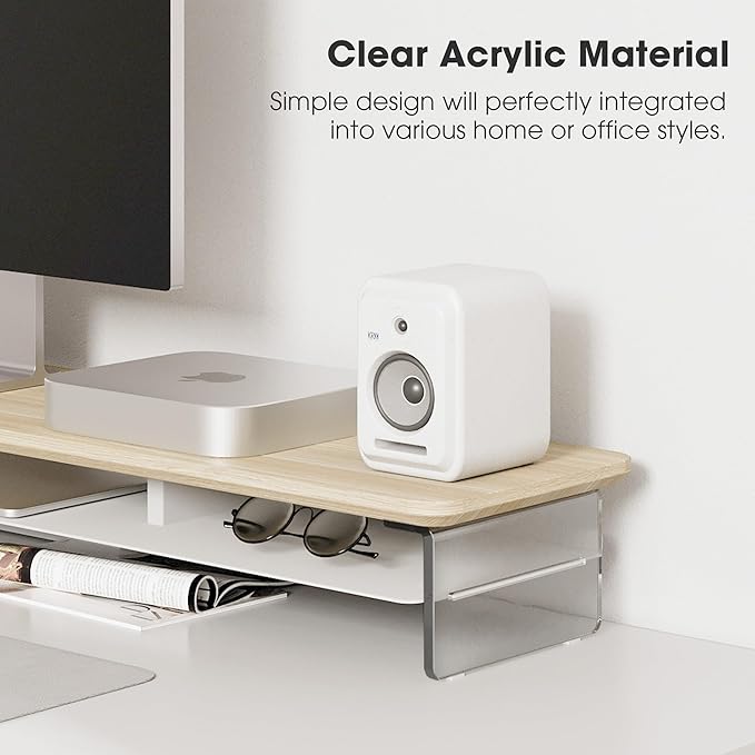 Fenge Acrylic Monitor Stand, 42.5 Inch Clear Dual Monitor Riser with Metal Storage, 2 Tier Computer Riser with LED Lights for Desk, Laptop, Printer, TV