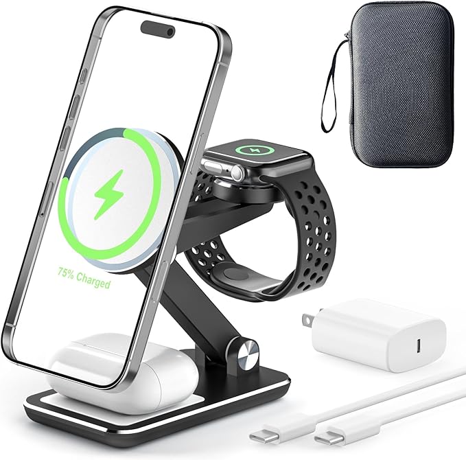 Wireless Charger 3 in 1,Foldable Wireless Charging Station for Apple MagSafe Charger,Aluminum Portable Magnetic Travel Charger Stand for iPhone,Watch,Aipods (with 20W Adapter & Case)