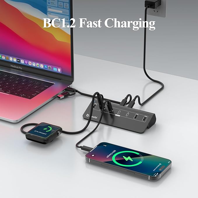 USB C Hub,USB Hub Powered with 5V 3A Power Adapter, 10Gbps USB Splitter with 4 USB-A and 3 USB-C Ports, 7-Port Type C Multiport Adapter for MacBook Air/Pro, iPhone 16/15, Laptop and More(Black)