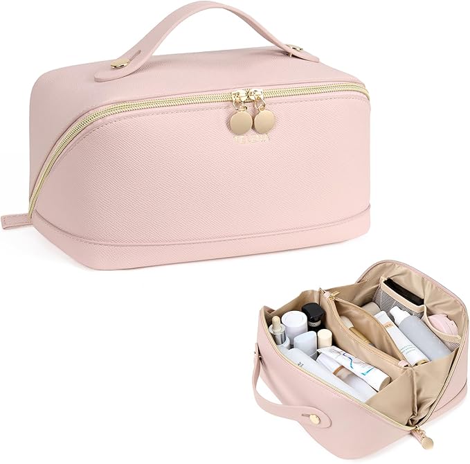 Telena Leather Make Up Bag Portable Travel Makeup Bag Waterproof Cosmetic Bags for Women Large Capacity With Handle and Divider Open Lay Flat Pink