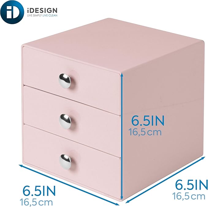 iDesign Plastic 3-Drawer Jewelry Box, Compact Storage Organization Drawers Set for Cosmetics, Dental Supplies, Hair Care, Bathroom, Office, Dorm, Desk, Countertop, 6.5" x 6.5" x 6.5", Pink