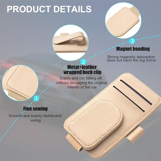 Car Sun Visor Organizer, Magnetic Leather Auto Sunglass Card Pocket Holder for Registration & Drving License, Vehicle Interior Glasses Clip Accessories, Universal for SUV Sedan Truck (Apricot)