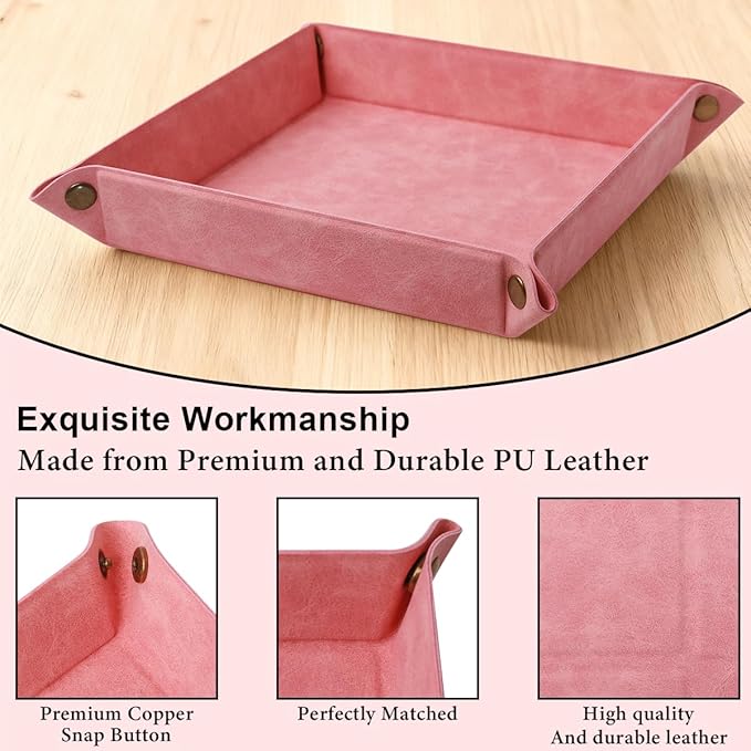 Valet Tray Desktop Storage Organizer – Premium PU Leather Catchall Bedside Vanity Tray Nightstand Caddy Holder for Remote Controller, Keys, Phone, Wallet, Coin, Jewelry,Pink