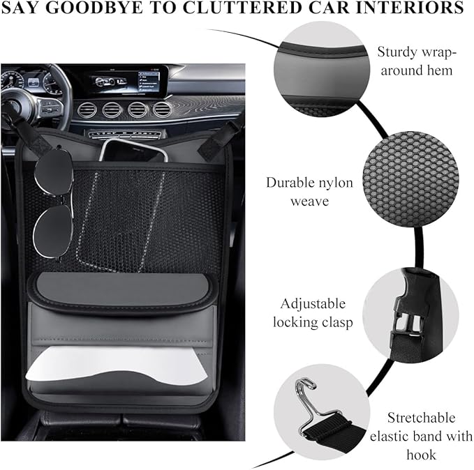 DXNQ Car Organizer Storage Between Seats, Leather Large Capacity Automobile Handbag Hanging Store Content Bag, Auto Console Organizer Holder for Snack Phone Document Storages, Car Accessories (Gray)