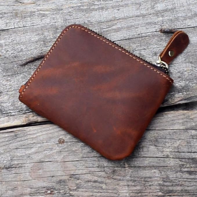 JJNUSA Genuine Leather Zipper Coin Purse Wallet With Key Car Smart Holder, Change Purse, Coin Pouch Holder For Men (Brown)