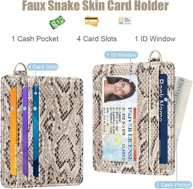 Slim Credit Card Holder Vegan Snake Skin Wallet Women Thin Wallets RFID Blocking Minimalist Lightweight Small Cute Cards Holders with ID Window, Light Snake Skin