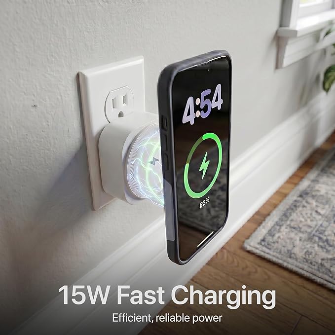 Wall Outlet Wireless Charger, Qi2 15W MagSafe-Compatible Magnetic Phone Charger with USB-C Port, Plug-in Cordless Design for Kitchen Counter & Nightstand, iPhone 17/16/15/14/13/12,White