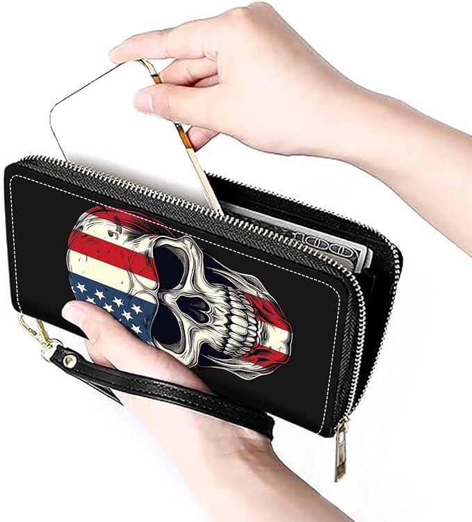Women's Large Capacity Wallet PU Leather Zip Around Clutch Purse Multifunctional Wallet with Removable Wristlet Strap for Smart Phone/Coin/Card/Cash - American Flag Skull