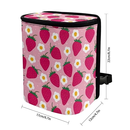 Talayituse Strawberry Flower Print Car Trash Bin, Laege Size Auto Trash Can Adjustable Portable Garbage Can with Lid, Vehicle Hanging Bag for Headrest Front Back Seat, Pink