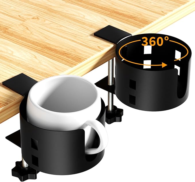 2 Pack Large Desk Cup Holder, OOKUU Anti-Spill Cup Holder for Desk or Table, Sturdy and Durable, Easy to Install, Enough to Hold Coffee Cups, Water Bottles, Gaming PC Office Accessories, Black