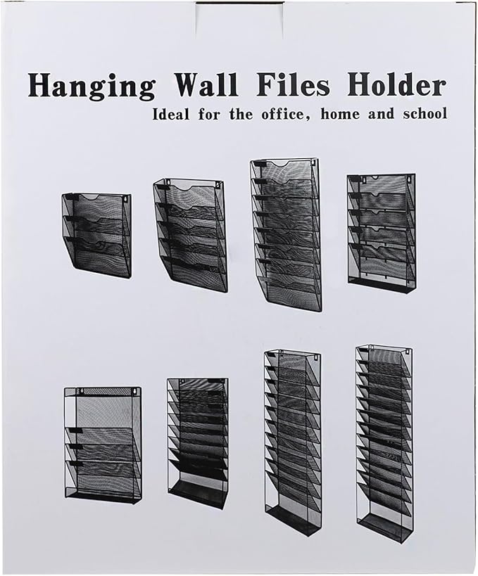 5 Pockets Mesh Wall File Holder Organizer with Bottom Flat Tray, Office Hanging File Folder Magazine Rack, Nametag Label Hooks Set Included, Black