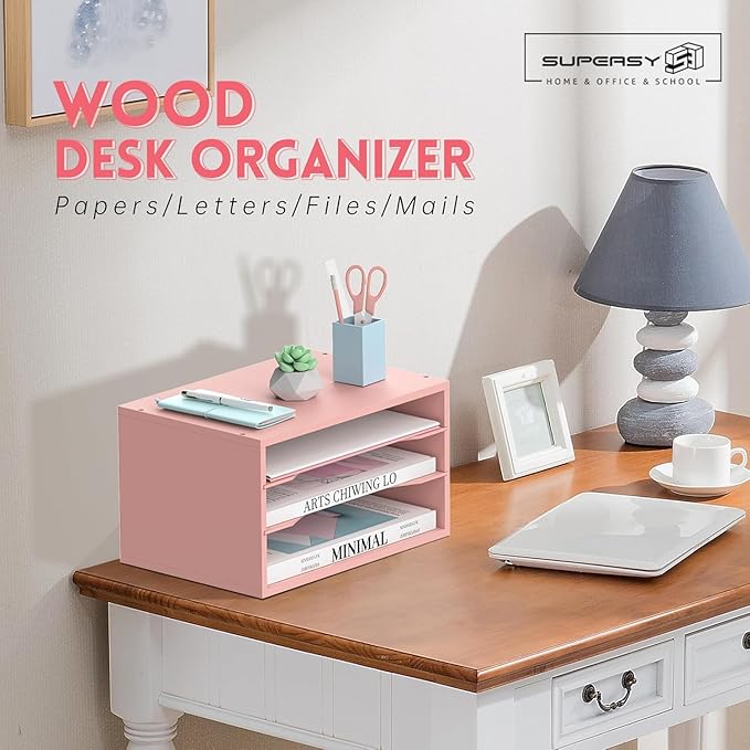 SUPEASY Wood Desk Organizer, 3 Tier Paper File Organizer for Desk, Wooden Desktop Organizer, Paper Letter Literature Mail Sorter, for Office School & Home Organization, Pink
