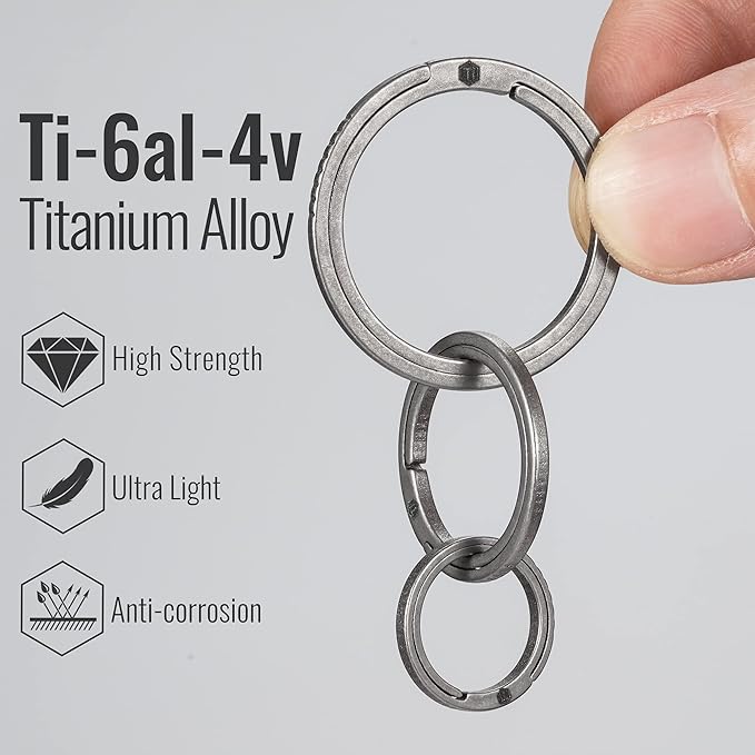 KeyUnity Titanium Flat Key Rings, 33/25/17.5mm Side Pushing Split Ring for Key Carabiner Flashlight Knife Dog ID Collar Tag