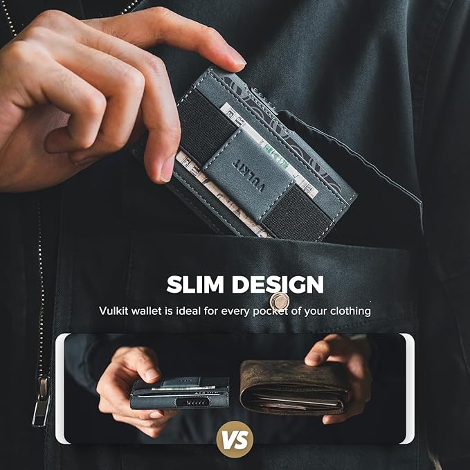 VULKIT Mens Minimalist Wallet for Max. 8 Cards with Pop-Up Credit Card Ejector RFID Blocking, ID Window and Elastic Strap for Bills or Keyring, Gift Box Packed, Blue