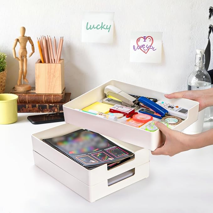 Eorbow 3 Pack Letter Tray, Plastic Stackable A4 Paper Trays, Rectangular Desk Drawer Organizer, File Holder for Desktop, Office Supplies Storage, White