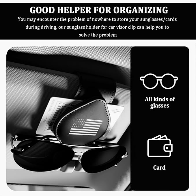 Sunglass Holder for Car with American Flag Pattern,Stylish Sunglasses Holder for Car Sun Visor with Magnetic Design for Storing Glasses or Cards,Leather Cars Sunglass Holders