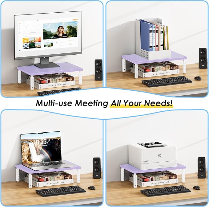 ECOLOVI Wood Computer Laptop Monitor Stand Riser, 4-Height Adjustable Desk Organizer and Accessories, Workspace Office Desk Decor & Accessories for Women, Purple