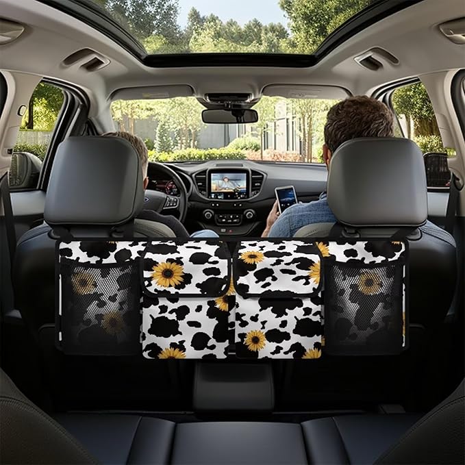Sunflower Cow Pattern Car Backseat Trunk Organizer Auto Hanging Seat Back Storage Collapsible Car Storage Bag Car Interior Accessories for SUV, Truck, MPV,Van