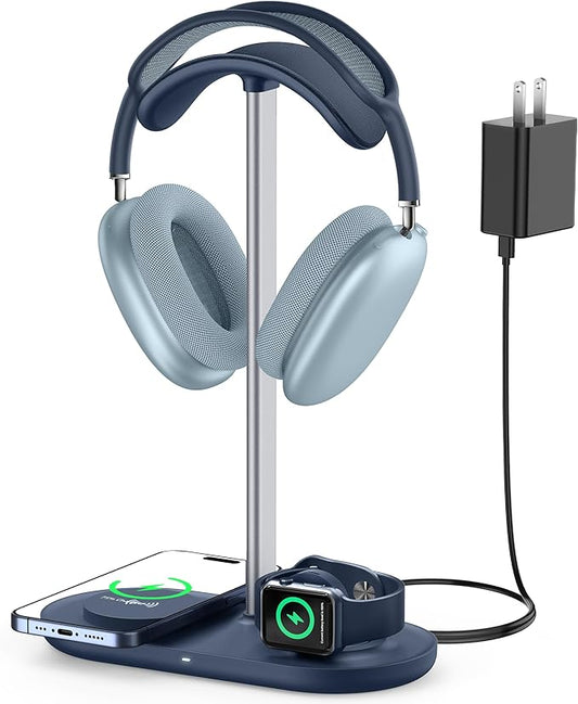 HiWe 3-in-1 Headphone Stand - Universal Desktop Gaming Headset Holder with Wireless Charger for Phones/AirPods/iWatch, Aluminum Alloy Rod, Leather Pad, ABS Solid Base, Blue