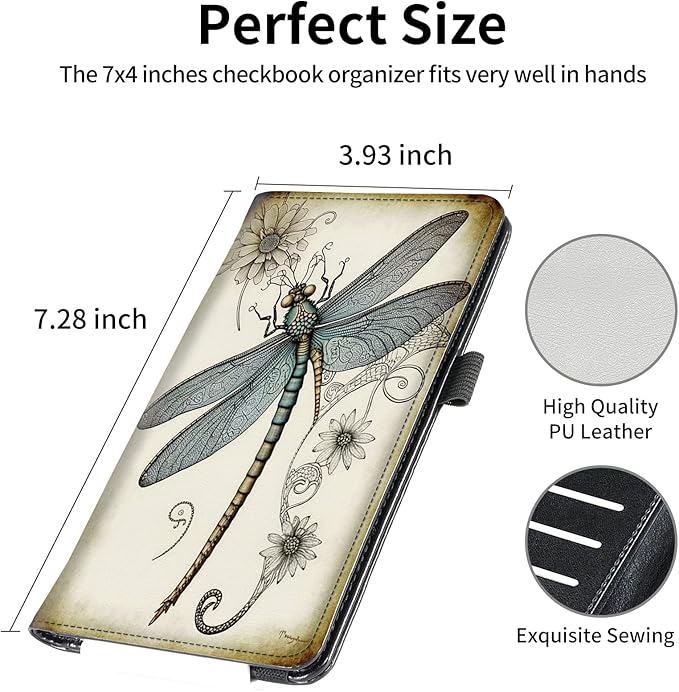 FUYOCWE Leather Checkbook Covers for Men Women Check book Holder Cover Wallets for Personal Checkbook Duplicate Checks with RFID Blocking & Elastic Strap-Dragonfly Drawing