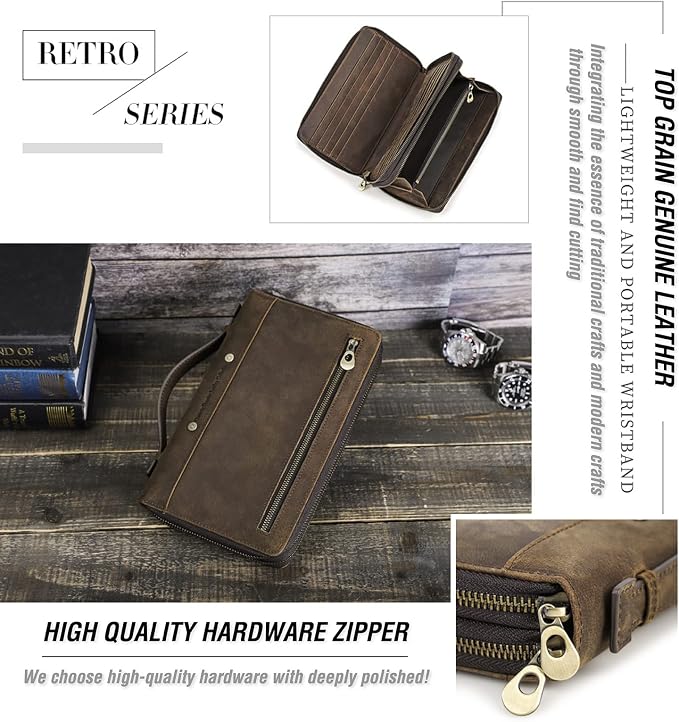 Top Grain Genuine Leather Clutch Wallet Bag with Hand Strap for Man & Woman, Handmade Minimalist Vintage Design, 2 Zip Pockets & Multi Slots, RFID Large Capacity for Cards/Phone/Check/Banknote, Coffee