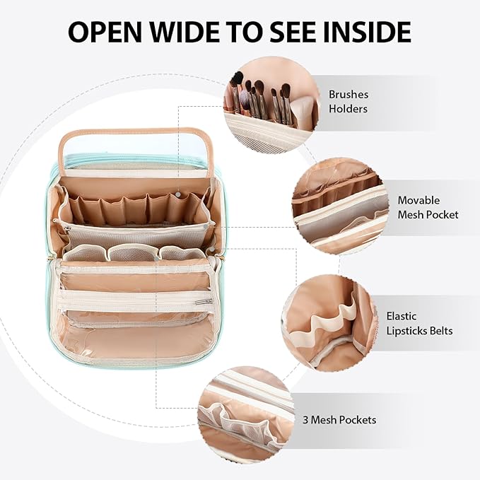 Makeup Bag, Stand up Large Capacity with Room for Brushes and Mirror, Travel Makeup Organizer, Portable Standing Make Up Case, Waterproof Cosmetic Toiletry Bags with Handle, Color Mint Green